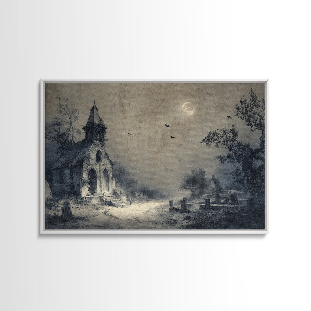 The Overgrown Chapel, Expressionist Nightmare Art, Landscape Wall Art, Macabre Wall Art, Framed Canvas Print, Halloween Wall Art
