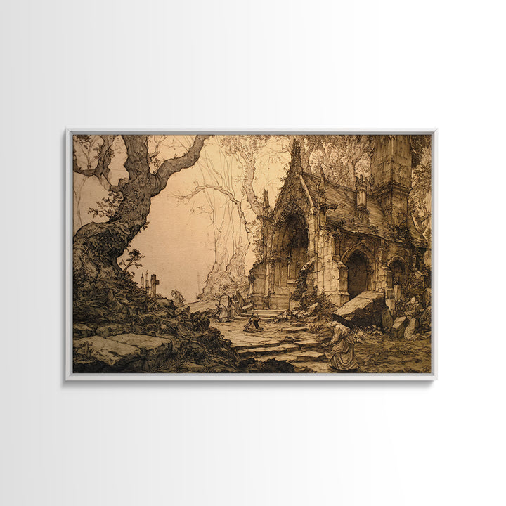 The Overgrown Chapel, Gothic Storybook Art, Landscape Wall Art, Macabre Wall Art, Framed Canvas Print, Halloween Wall Art
