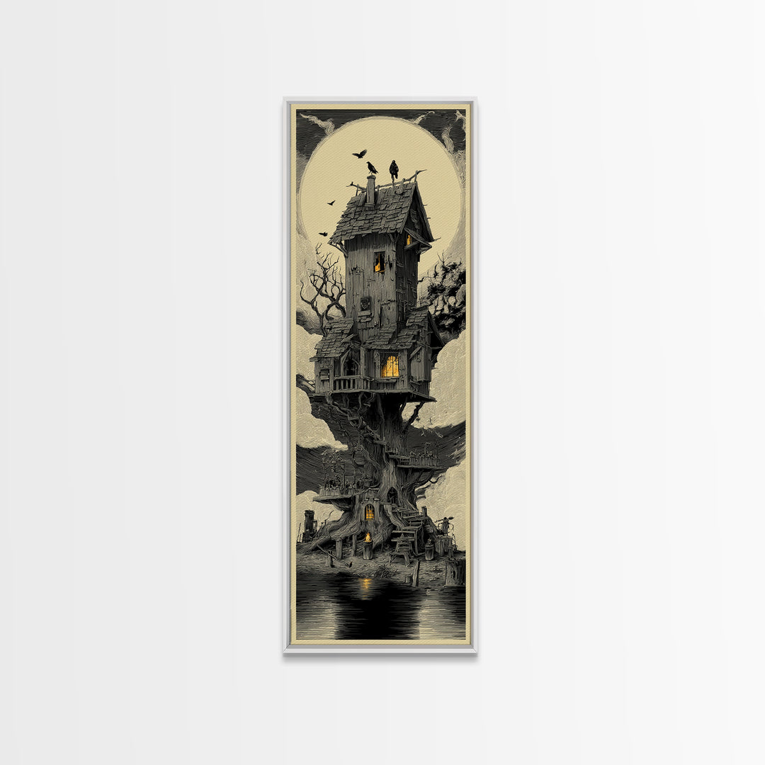 The Foggy Swamp Shack, Gothic Engraving Art, Tall Narrow Wall Art, Dark Halloween Decor, Framed Canvas Print, Halloween Wall Art