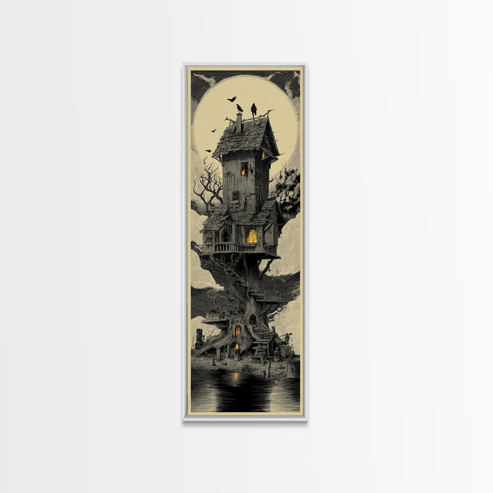 The Foggy Swamp Shack, Gothic Engraving Art, Tall Narrow Wall Art, Dark Halloween Decor, Framed Canvas Print, Halloween Wall Art