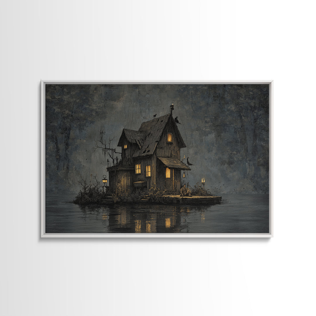 The Foggy Swamp Shack, Medieval Grotesque Art, Landscape Wall Art, Macabre Wall Art, Canvas Print, Halloween Wall Art