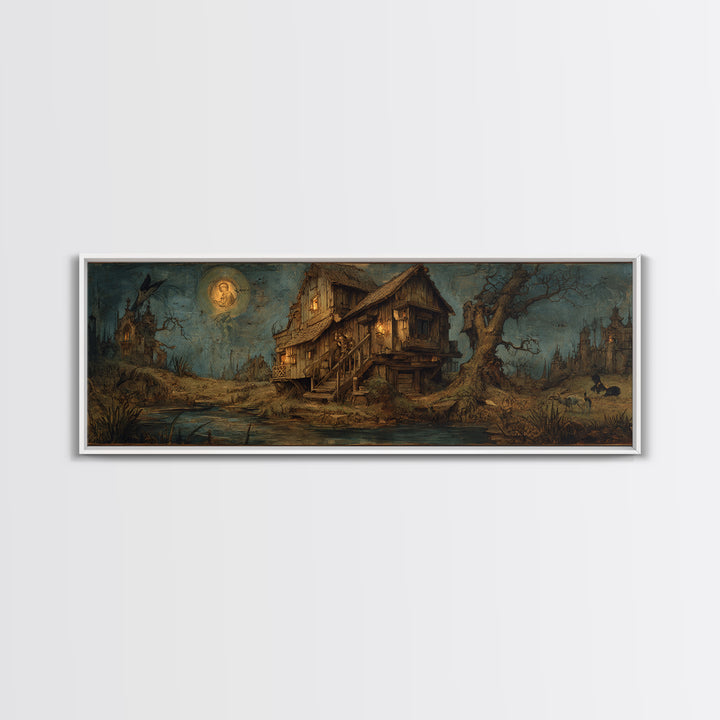 The Foggy Swamp Shack, Dark Renaissance Art, Extra Wide Wall Art, Dark Halloween Decor, Framed Canvas Print, Halloween Wall Art