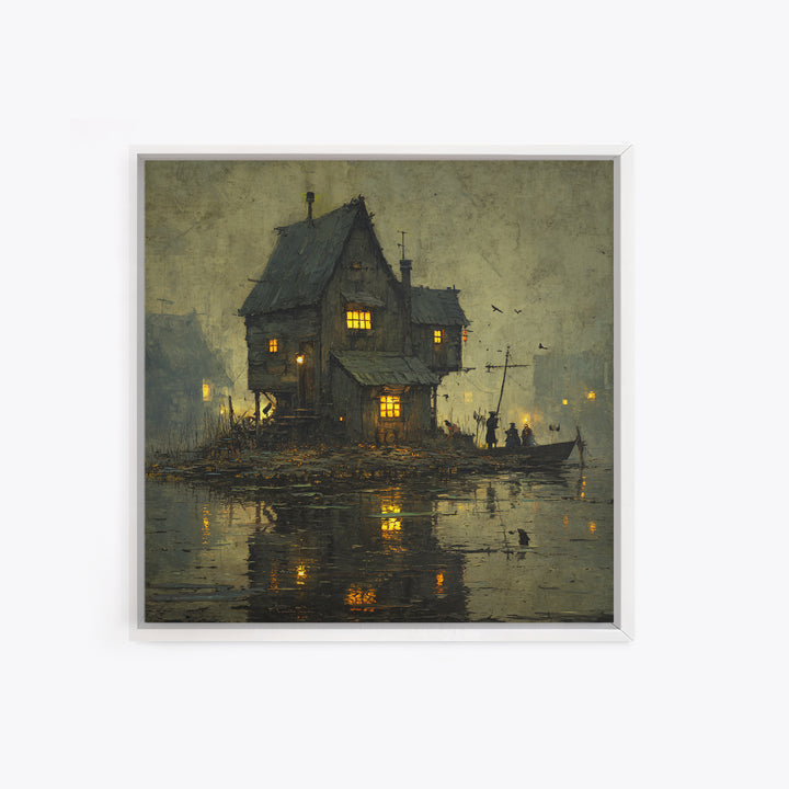 The Foggy Swamp Shack, Danse Macabre Art, Square Wall Art, Gothic Horror Wall Art, Framed Canvas Print