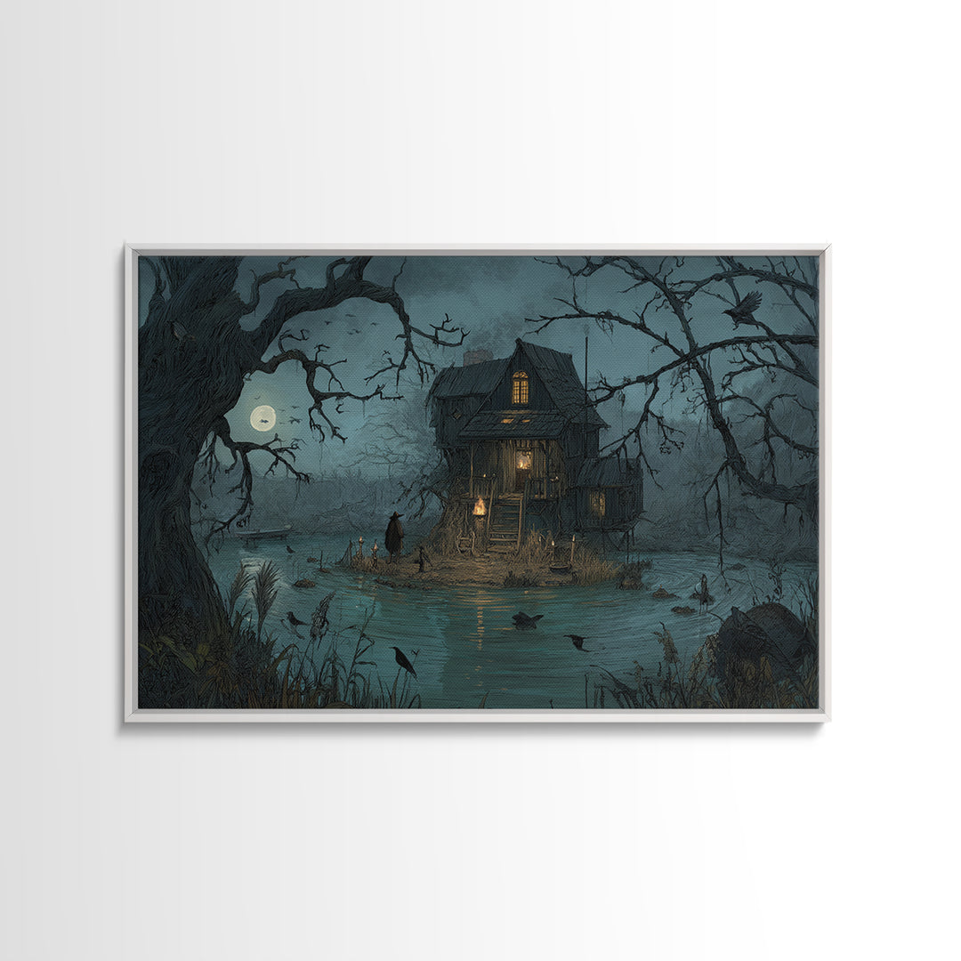 The Foggy Swamp Shack, Baroque Witchcraft Art, Landscape Wall Art, Gothic Horror Wall Art, Canvas Print, Halloween Wall Art