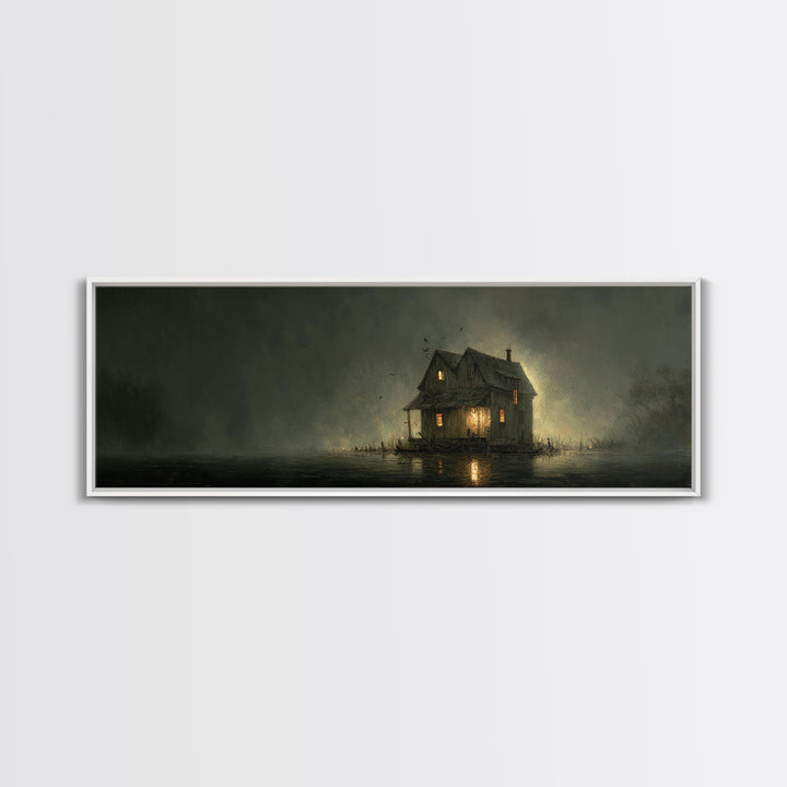 The Foggy Swamp Shack, Dark Romantic Horror Art, Extra Wide Wall Art, Macabre Wall Art, Canvas Print, Halloween Wall Art