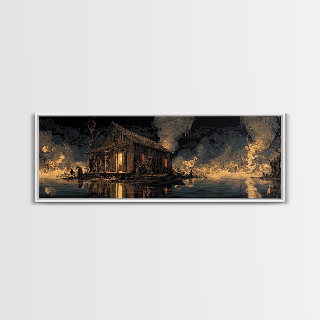 The Foggy Swamp Shack, Visionary Gothic Art, Extra Wide Wall Art, Dark Halloween Decor, Framed Canvas Print, Halloween Wall Art