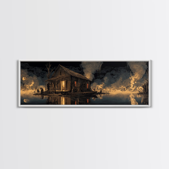 The Foggy Swamp Shack, Visionary Gothic Art, Extra Wide Wall Art, Dark Halloween Decor, Framed Canvas Print, Halloween Wall Art