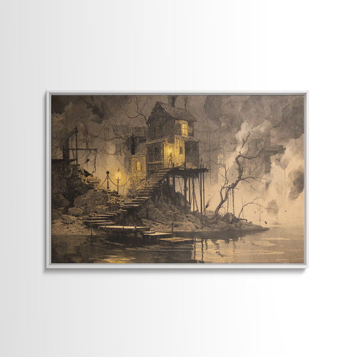 The Foggy Swamp Shack, Architectural Etching Art, Landscape Wall Art, Gothic Horror Wall Art, Canvas Print, Halloween Wall Art