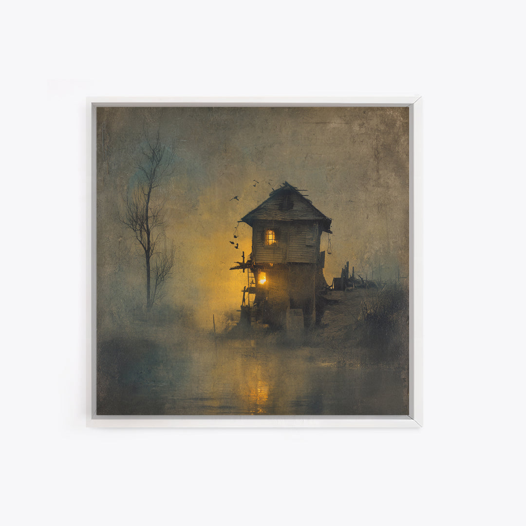 The Foggy Swamp Shack, Symbolist Dream Art, Square Wall Art, Dark Fantasy Wall Art, Canvas Print, Halloween Wall Art, Macabre Wall Art