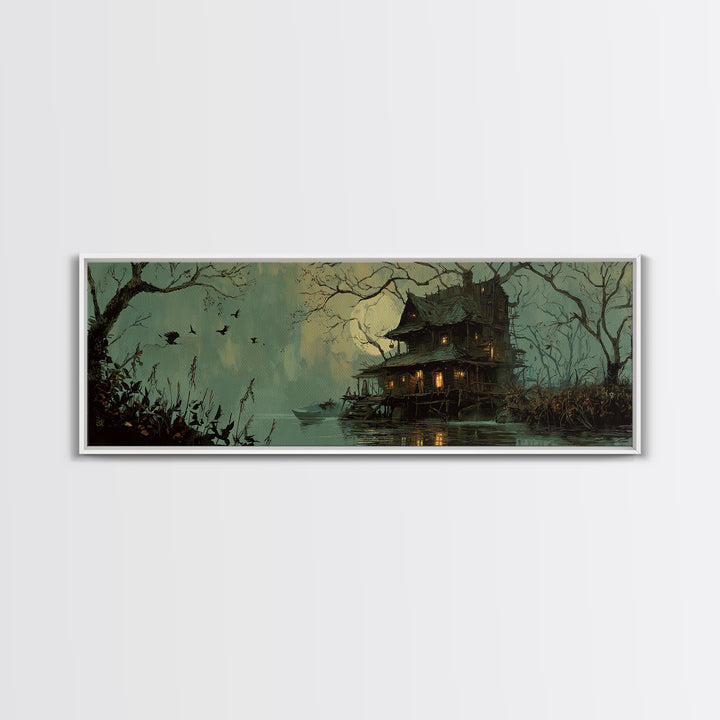 The Foggy Swamp Shack, Decadent Gothic Art, Extra Wide Wall Art, Macabre Wall Art, Framed Canvas Print, Halloween Wall Art