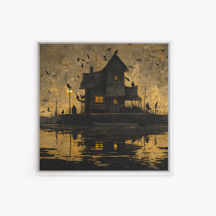 The Foggy Swamp Shack, Dark Symbolist Art, Square Wall Art, Macabre Wall Art, Framed Canvas Print, Halloween Wall Art