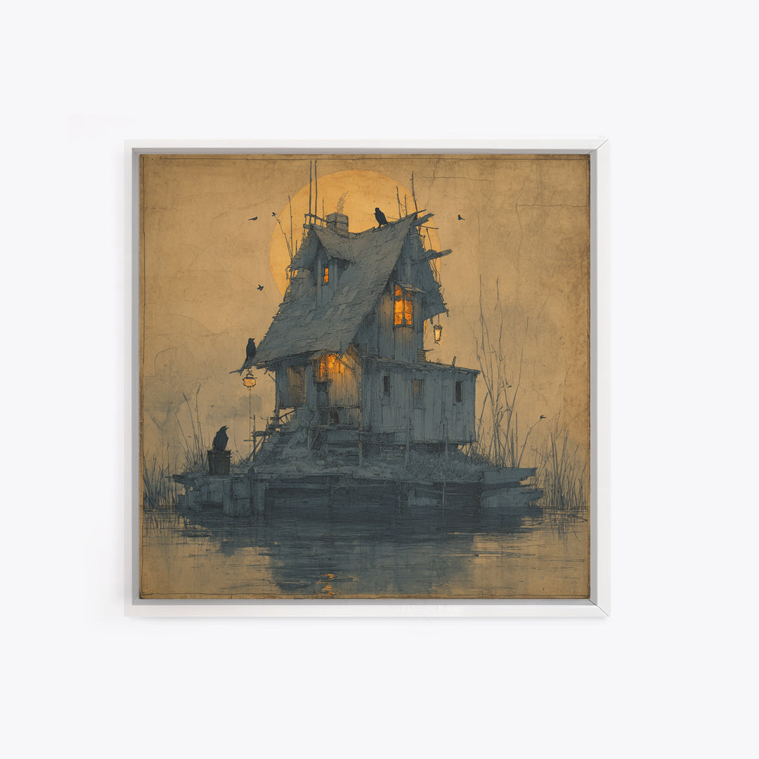 The Foggy Swamp Shack, Symbolist Etching Art, Square Wall Art, Dark Halloween Decor, Framed Canvas Print, Halloween Wall Art