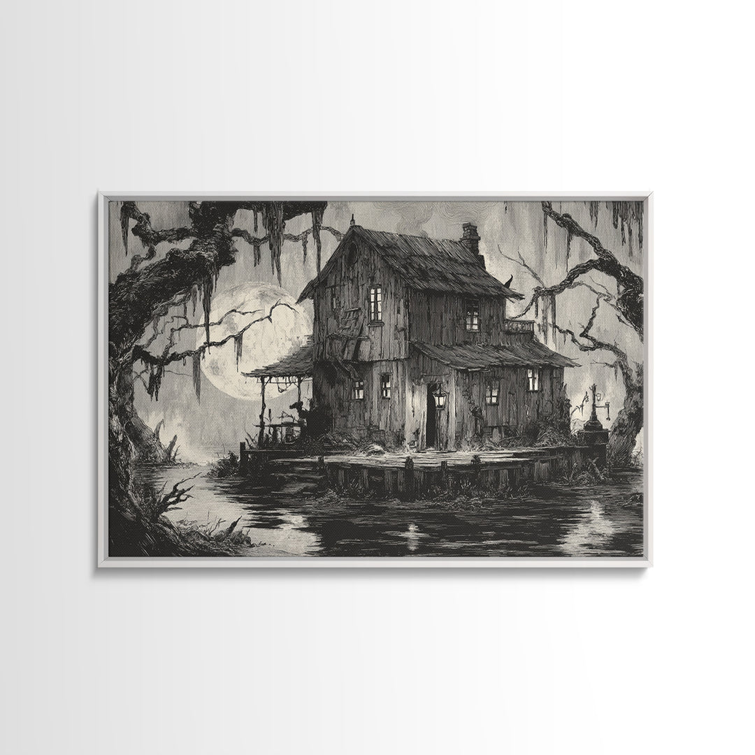 The Foggy Swamp Shack, Expressionist Nightmare Art, Landscape Wall Art, Gothic Horror Wall Art, Canvas Print, Halloween Wall Art