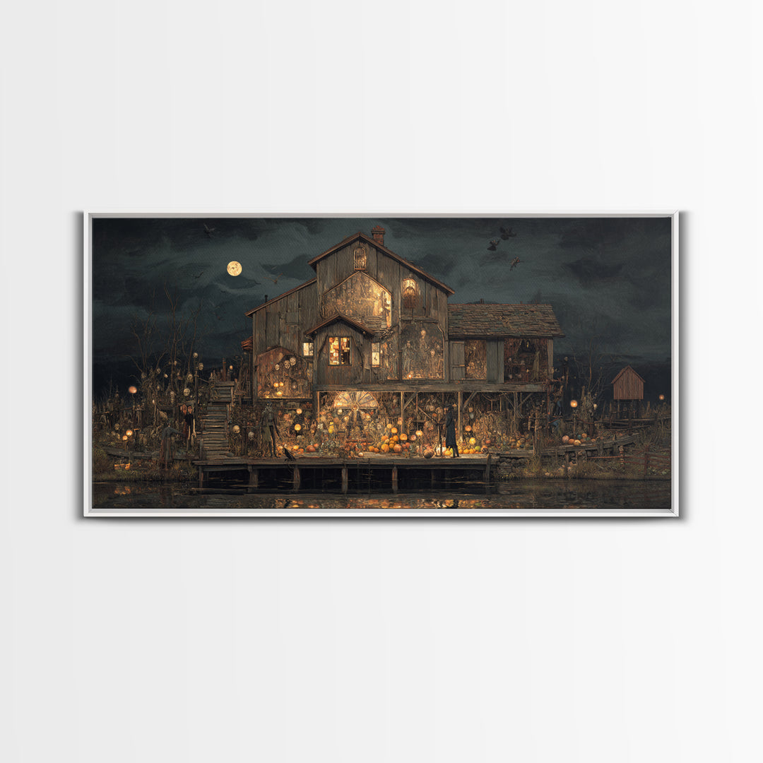 The Foggy Swamp Shack, Grotesque Carnival Art, Wide Panoramic Art, Gothic Horror Wall Art, Framed Canvas Print, Halloween Wall Art