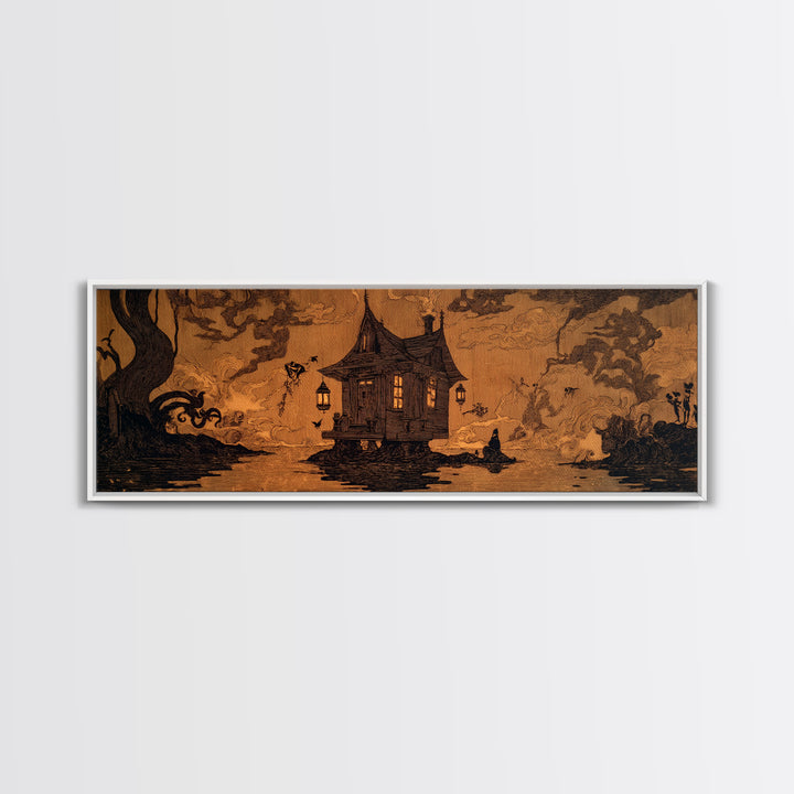 The Foggy Swamp Shack, Decadent Line Art, Extra Wide Wall Art, Dark Fantasy Wall Art, Framed Canvas Print, Halloween Wall Art