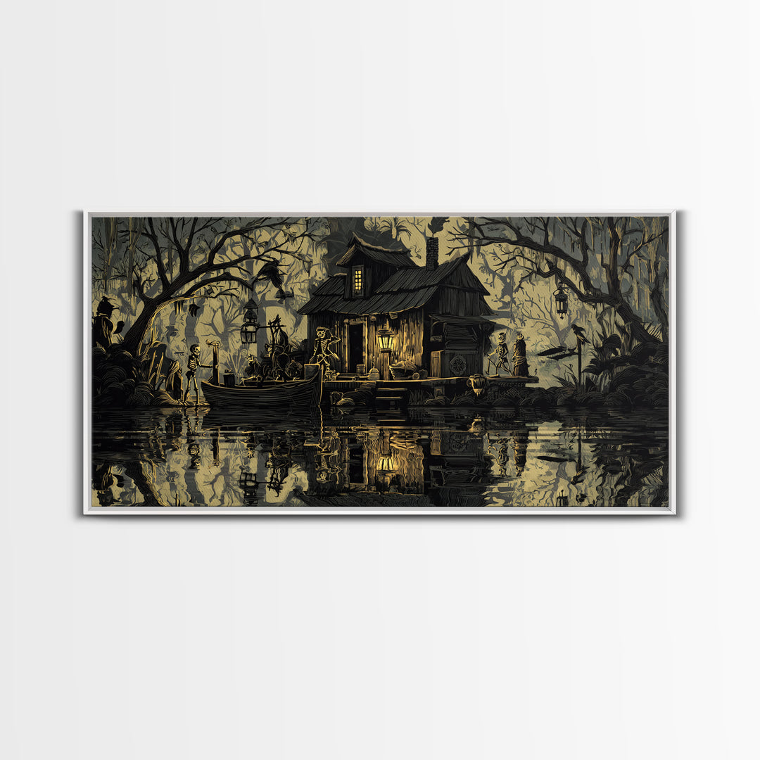 The Foggy Swamp Shack, Macabre Folk Print Art, Wide Panoramic Art, Gothic Horror Wall Art, Canvas Print, Halloween Wall Art