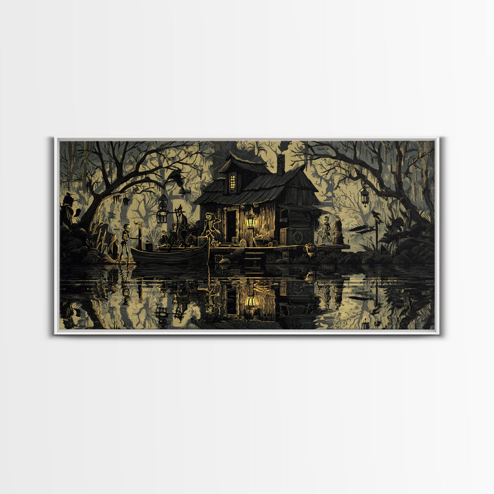 The Foggy Swamp Shack, Macabre Folk Print Art, Wide Panoramic Art, Gothic Horror Wall Art, Canvas Print, Halloween Wall Art