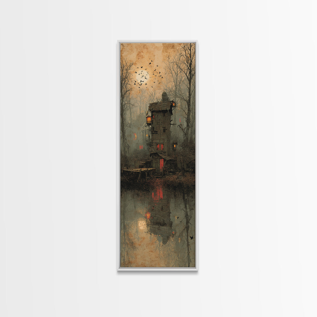 The Foggy Swamp Shack, Surreal Apocalyptic Art, Tall Narrow Wall Art, Gothic Horror Wall Art, Canvas Print, Halloween Wall Art