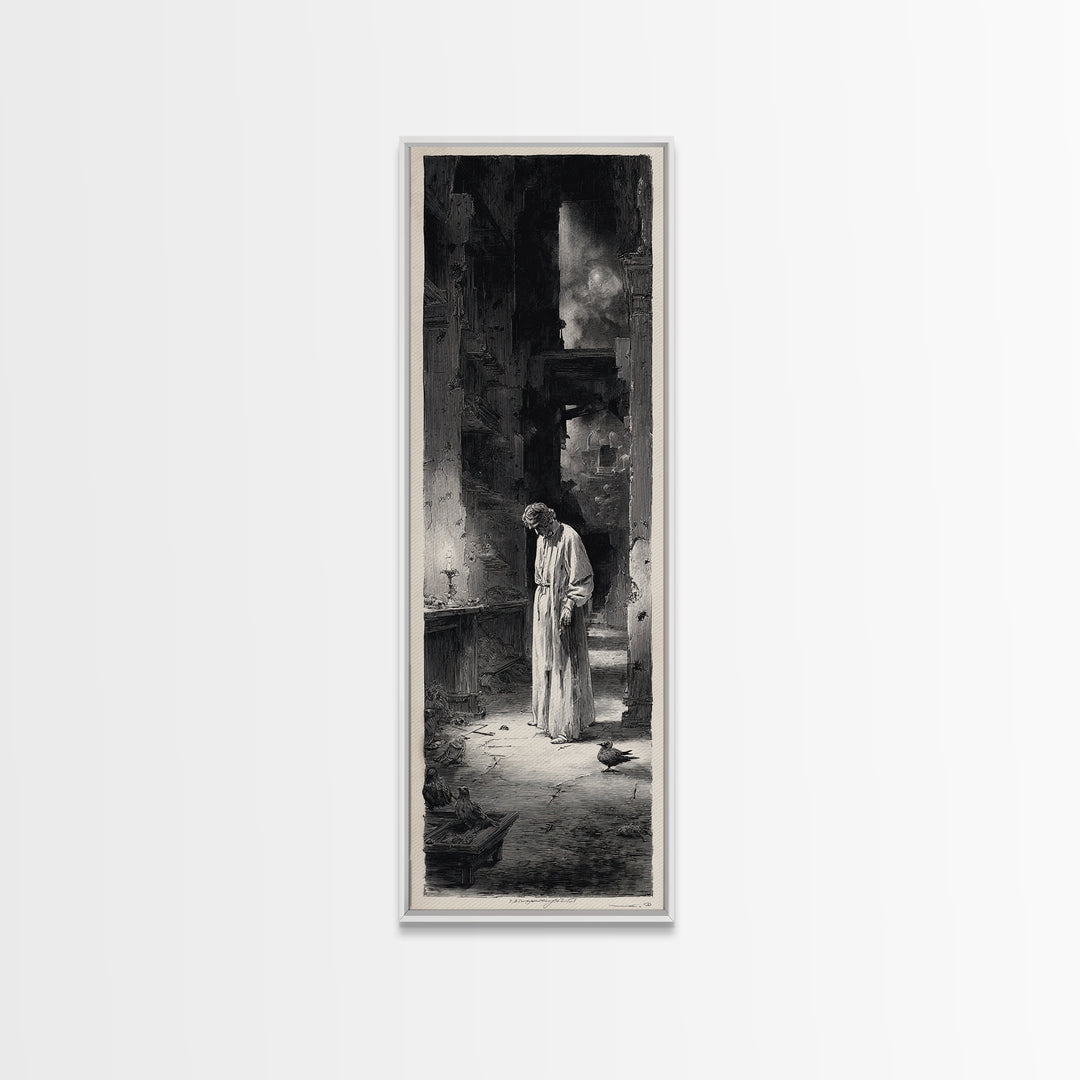 The Derelict Asylum, Gothic Engraving Art, Tall Narrow Wall Art, Dark Halloween Decor, Framed Canvas Print, Halloween Wall Art