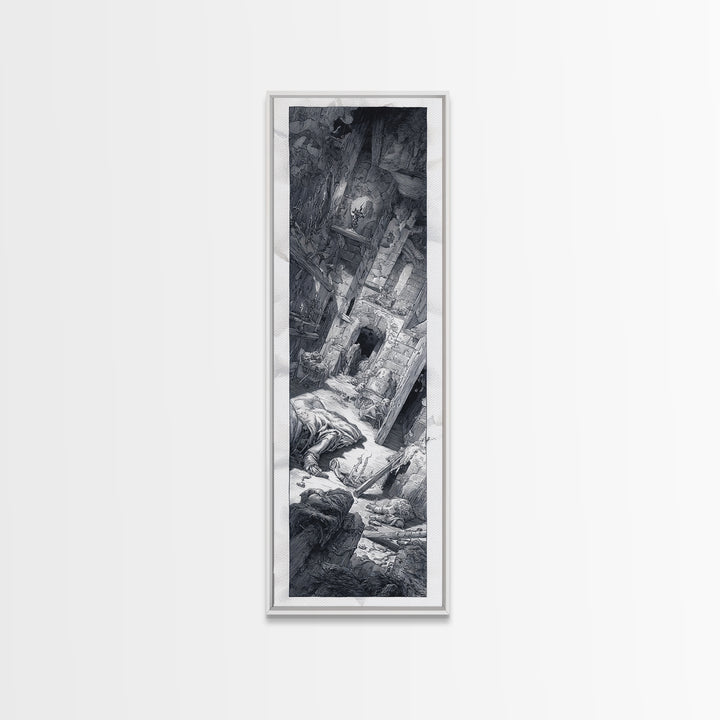 The Derelict Asylum, Renaissance Engraving Art, Tall Narrow Wall Art, Dark Halloween Decor, Framed Canvas Print, Halloween Wall Art