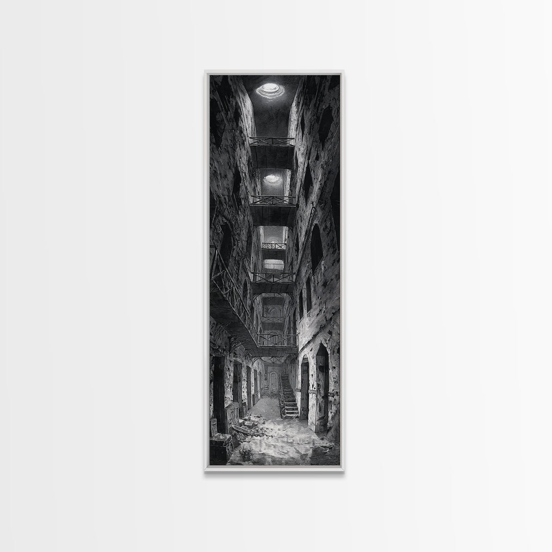 The Derelict Asylum, Architectural Etching Art, Tall Narrow Wall Art, Gothic Horror Wall Art, Canvas Print, Halloween Wall Art