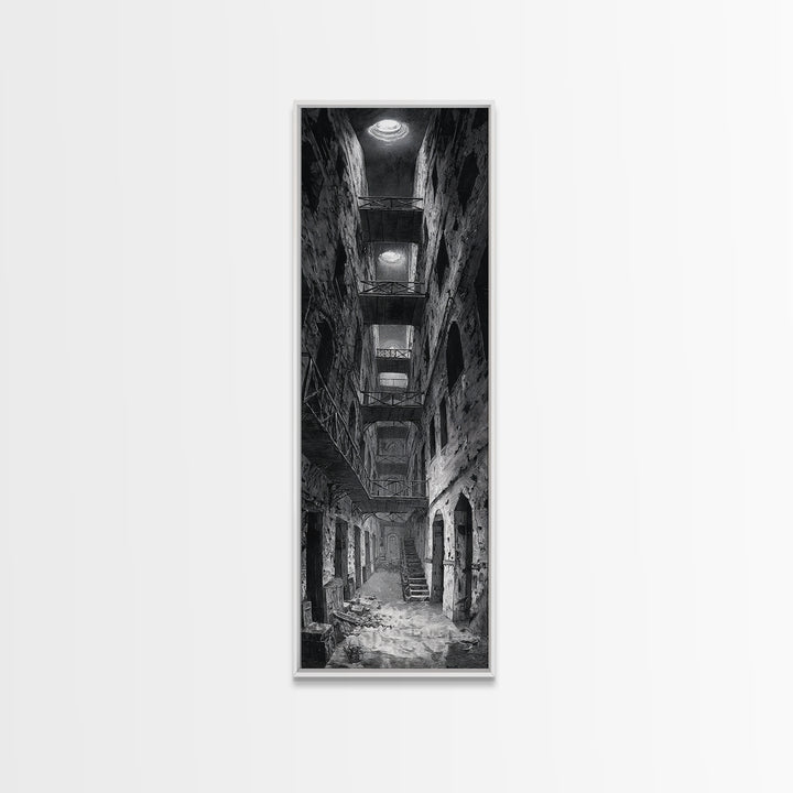 The Derelict Asylum, Architectural Etching Art, Tall Narrow Wall Art, Gothic Horror Wall Art, Canvas Print, Halloween Wall Art