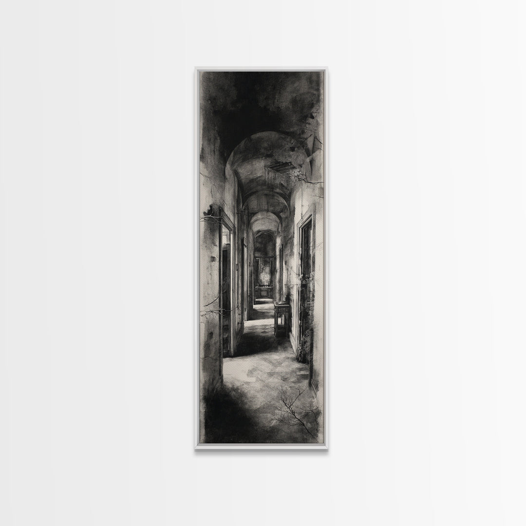 The Derelict Asylum, Symbolist Dream Art, Tall Narrow Wall Art, Gothic Horror Wall Art, Framed Canvas Print, Halloween Wall Art