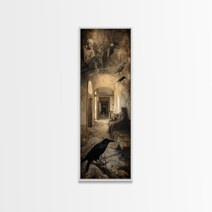The Derelict Asylum, Symbolist Etching Art, Tall Narrow Wall Art, Dark Halloween Decor, Framed Canvas Print, Halloween Wall Art