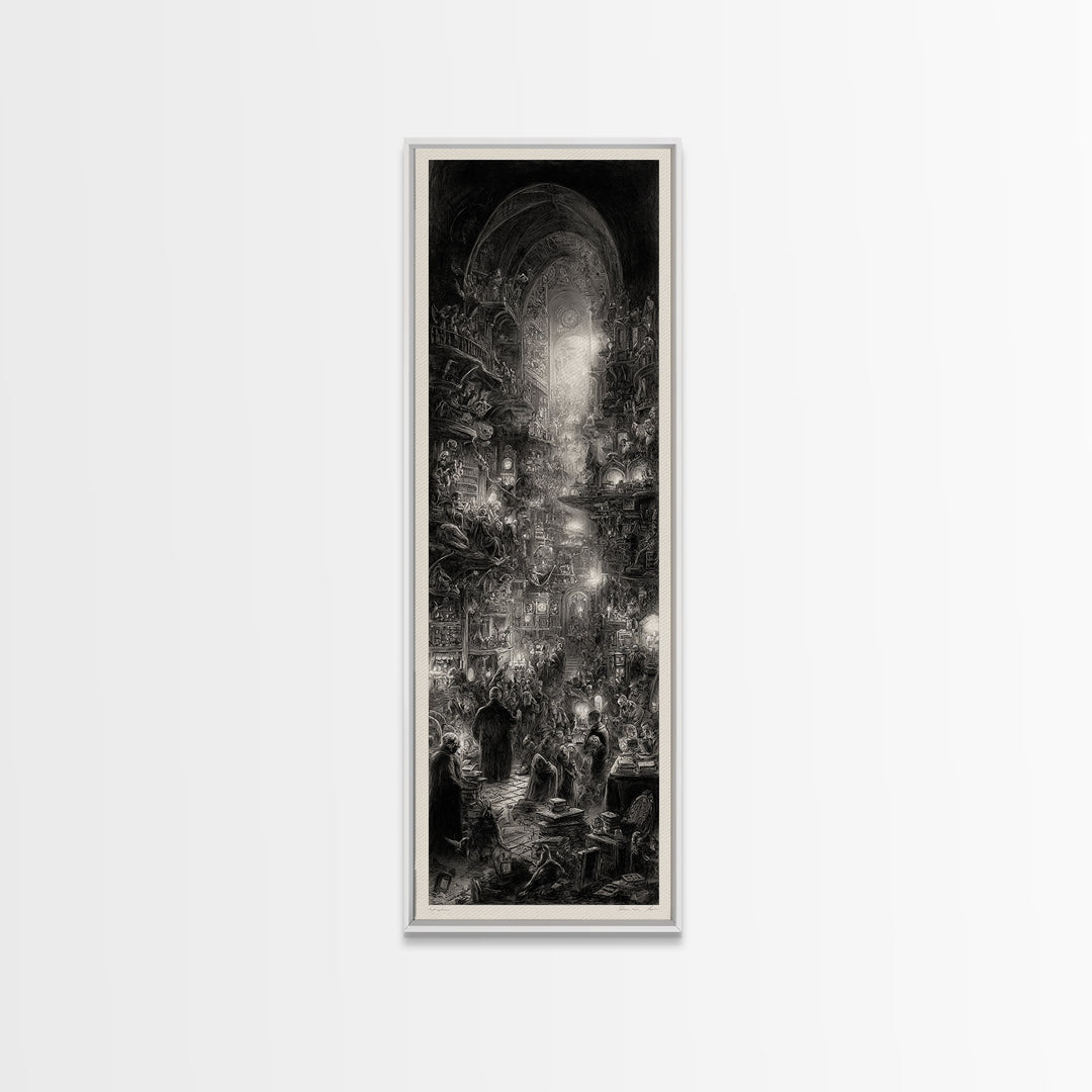 The Midnight Antique Shop, Gothic Engraving Art, Tall Narrow Wall Art, Dark Fantasy Wall Art, Framed Canvas Print, Halloween Wall Art