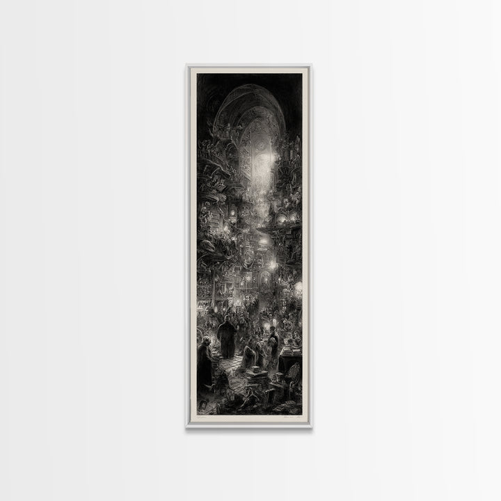 The Midnight Antique Shop, Gothic Engraving Art, Tall Narrow Wall Art, Dark Fantasy Wall Art, Framed Canvas Print, Halloween Wall Art