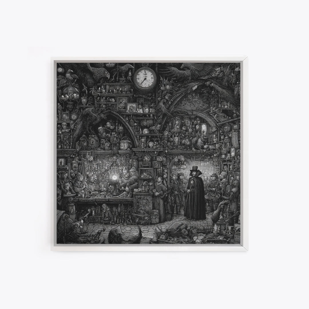 The Midnight Antique Shop, Renaissance Engraving Art, Square Wall Art, Dark Fantasy Wall Art, Framed Canvas Print, Halloween Wall Art