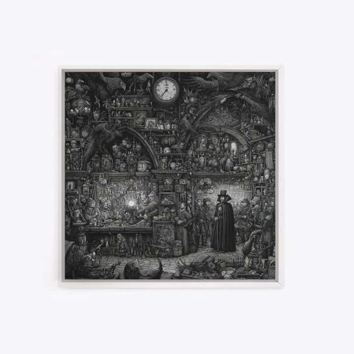 The Midnight Antique Shop, Renaissance Engraving Art, Square Wall Art, Dark Fantasy Wall Art, Framed Canvas Print, Halloween Wall Art