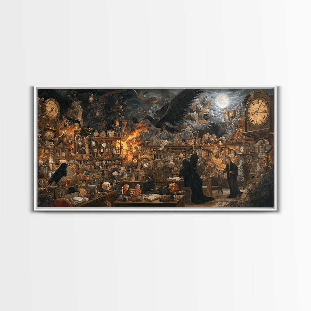The Midnight Antique Shop, Visionary Gothic Art, Wide Panoramic Art, Gothic Horror Wall Art, Framed Canvas Print, Halloween Wall Art