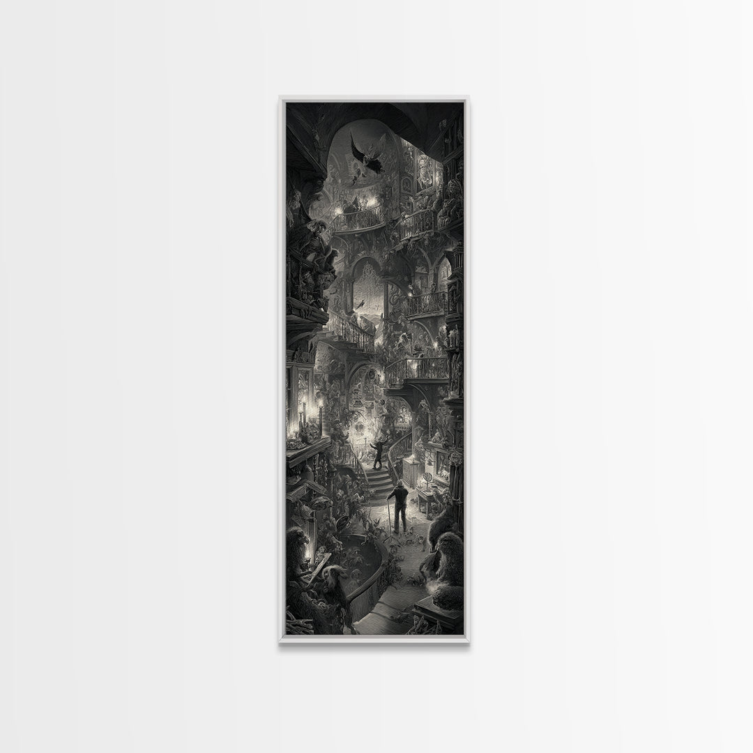 The Midnight Antique Shop, Architectural Etching Art, Tall Narrow Wall Art, Dark Halloween Decor, Canvas Print