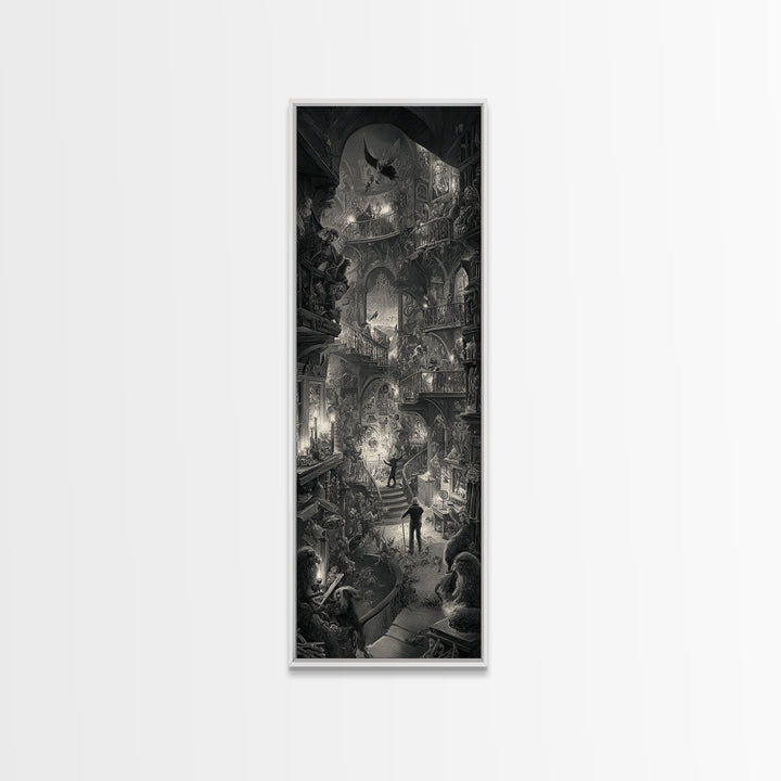 The Midnight Antique Shop, Architectural Etching Art, Tall Narrow Wall Art, Dark Halloween Decor, Canvas Print