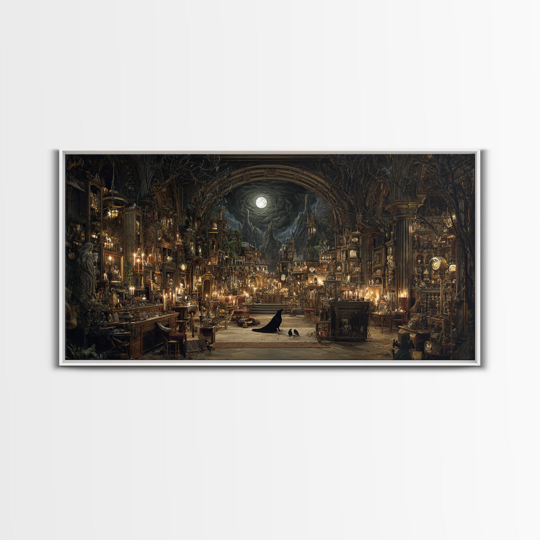 The Midnight Antique Shop, Apocalyptic Romantic Art, Wide Panoramic Art, Gothic Horror Wall Art, Canvas Print, Halloween Wall Art
