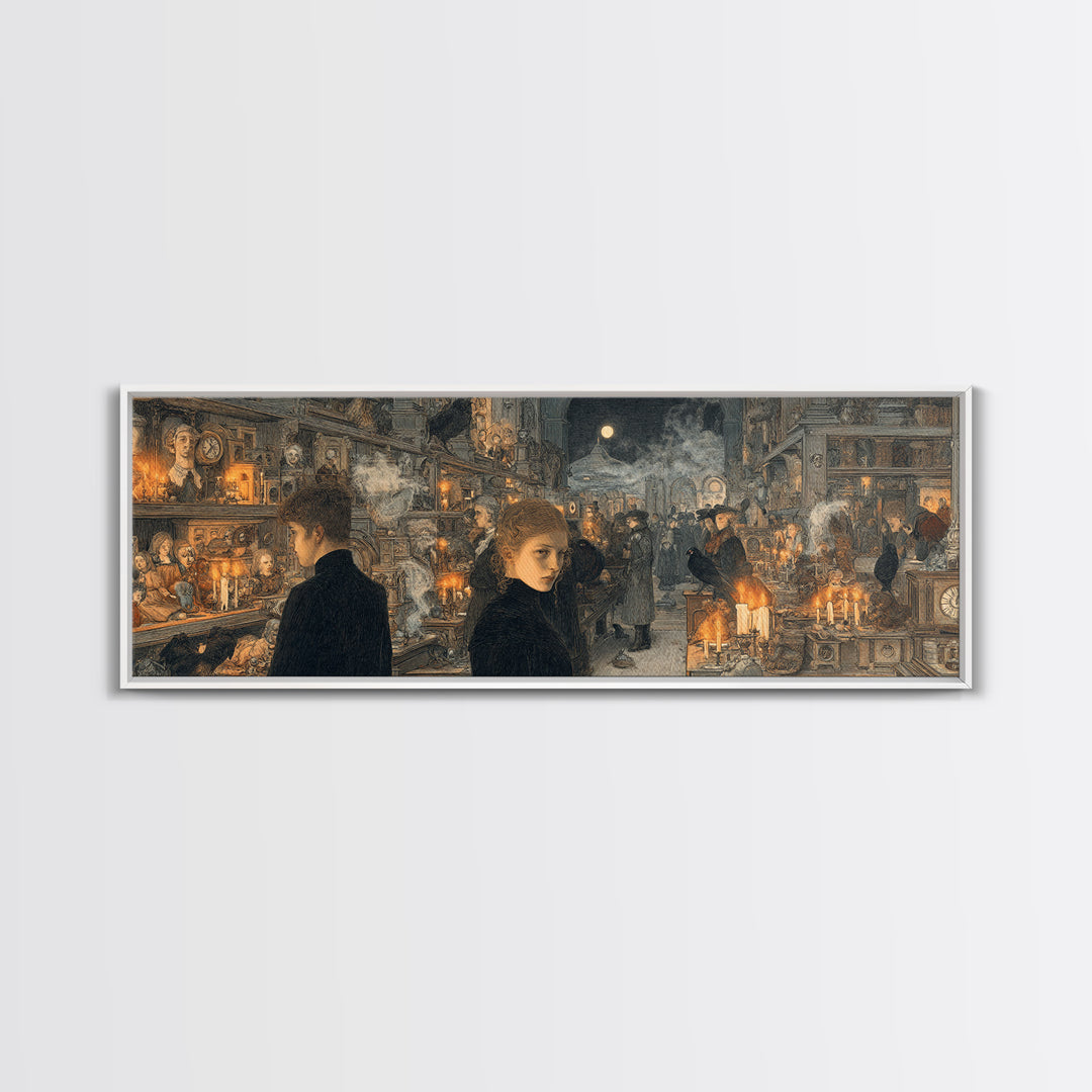 The Midnight Antique Shop, Symbolist Death Art, Extra Wide Wall Art, Macabre Wall Art, Canvas Print, Halloween Wall Art