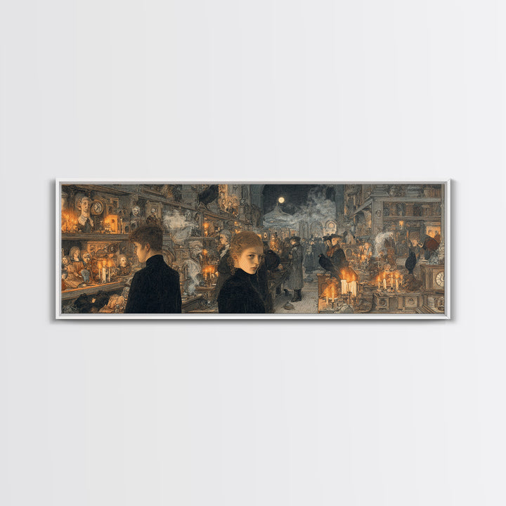 The Midnight Antique Shop, Symbolist Death Art, Extra Wide Wall Art, Macabre Wall Art, Canvas Print, Halloween Wall Art