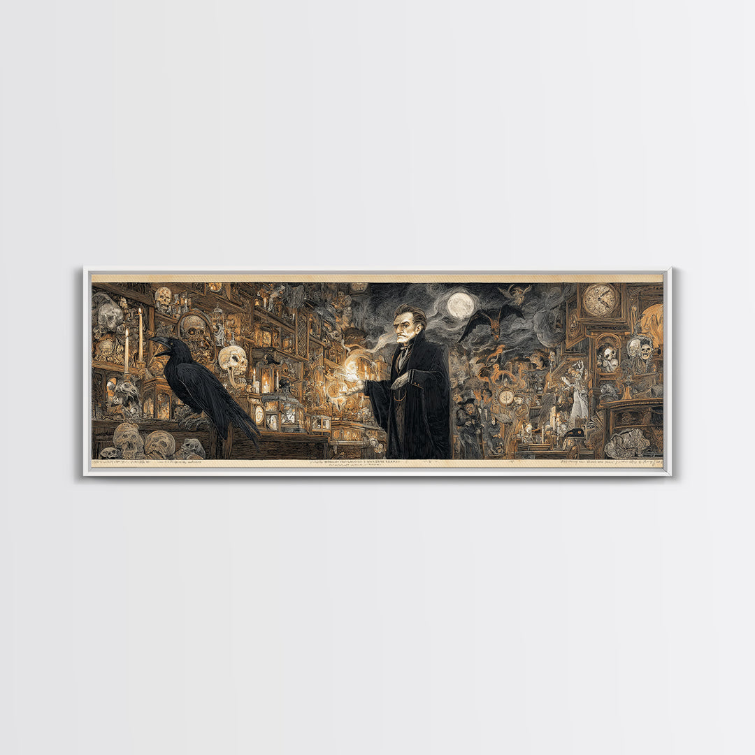The Midnight Antique Shop, Symbolist Etching Art, Extra Wide Wall Art, Gothic Horror Wall Art, Canvas Print, Halloween Wall Art