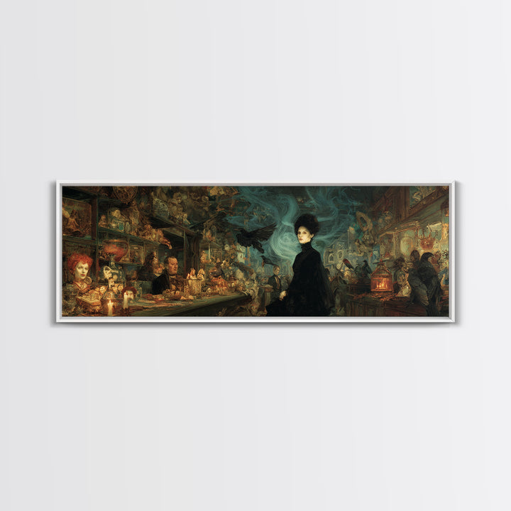 The Midnight Antique Shop, Expressionist Gothic Art, Extra Wide Wall Art, Dark Halloween Decor, Framed Canvas Print, Halloween Wall Art