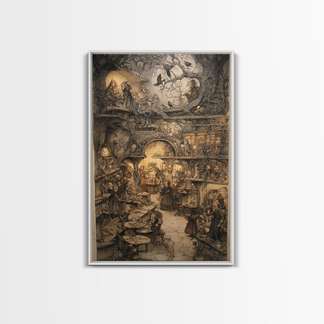 The Midnight Antique Shop, Gothic Storybook Art, Vertical Wall Art, Dark Fantasy Wall Art, Framed Canvas Print, Halloween Wall Art