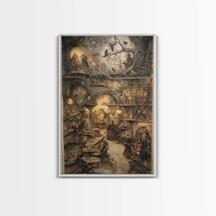 The Midnight Antique Shop, Gothic Storybook Art, Vertical Wall Art, Dark Fantasy Wall Art, Framed Canvas Print, Halloween Wall Art