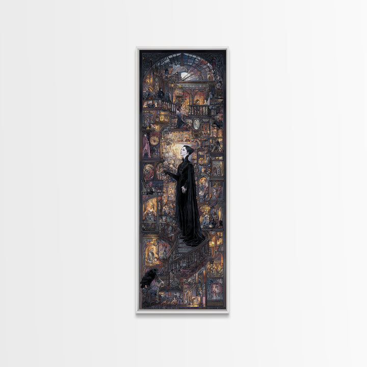 The Midnight Antique Shop, Stained Glass Gothic Art, Tall Narrow Wall Art, Macabre Wall Art, Framed Canvas Print, Halloween Wall Art