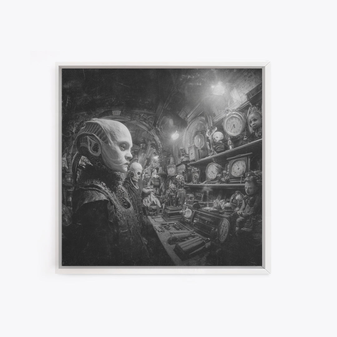 The Midnight Antique Shop, Biomechanical Horror Art, Square Wall Art, Macabre Wall Art, Framed Canvas Print, Halloween Wall Art