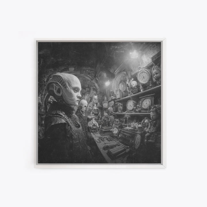 The Midnight Antique Shop, Biomechanical Horror Art, Square Wall Art, Macabre Wall Art, Framed Canvas Print, Halloween Wall Art
