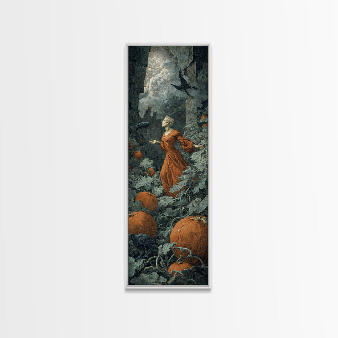The Pumpkin Patch Maze, Gothic Engraving Art, Tall Narrow Wall Art, Macabre Wall Art, Framed Canvas Print, Halloween Wall Art