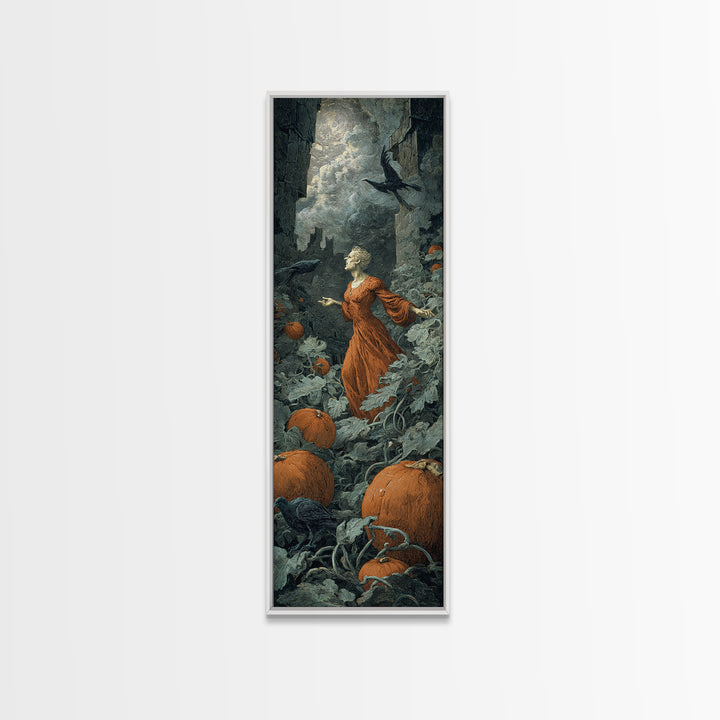 The Pumpkin Patch Maze, Gothic Engraving Art, Tall Narrow Wall Art, Macabre Wall Art, Framed Canvas Print, Halloween Wall Art