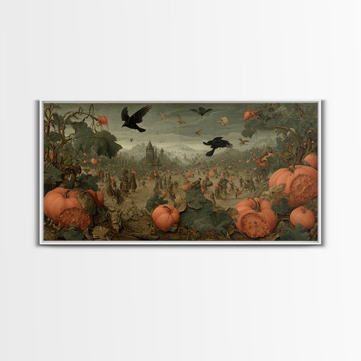 The Pumpkin Patch Maze, Northern Renaissance Horror, Wide Panoramic Art, Macabre Wall Art, Framed Canvas Print, Halloween Wall Art