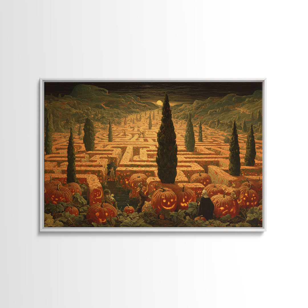 The Pumpkin Patch Maze, Symbolist Gothic Landscape, Landscape Wall Art, Dark Halloween Decor, Framed Canvas Print, Halloween Wall Art