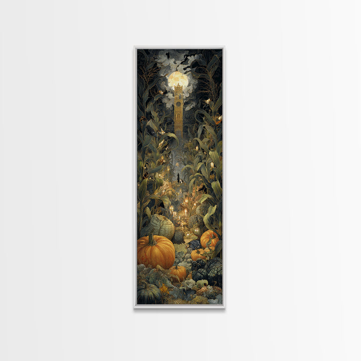 The Pumpkin Patch Maze, Ornate Symbolist Art, Tall Narrow Wall Art, Dark Halloween Decor, Canvas Print, Halloween Wall Art